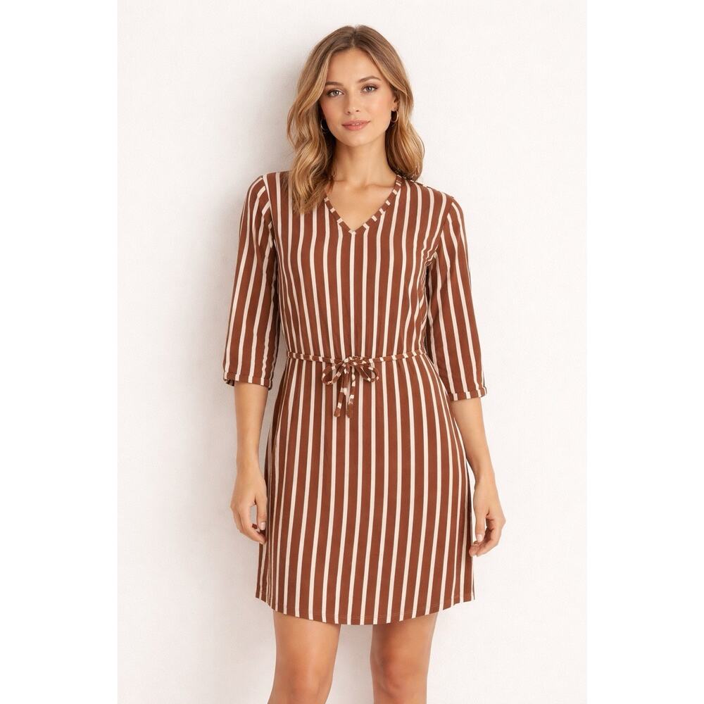 NWT Downeast Adelyn V-Neck‎ Dress Brown White Stripe Tie Waist 3/4 Sleeve Size M